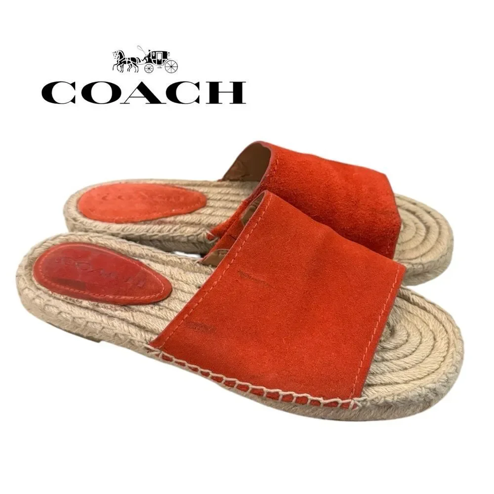 Coach Women's Claudia Coral Red Suede Leather Slide Espadrille Sandals 7.5